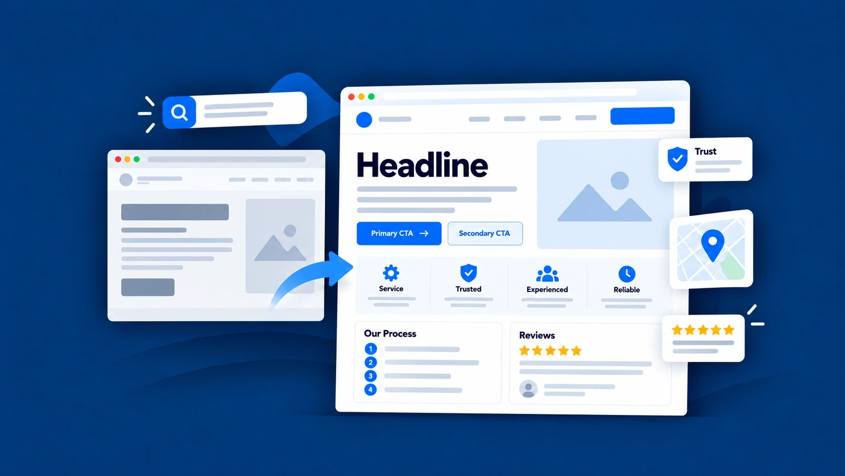 Illustration of a vague service page becoming a clear, customer-focused page with service information, trust details and contact actions.