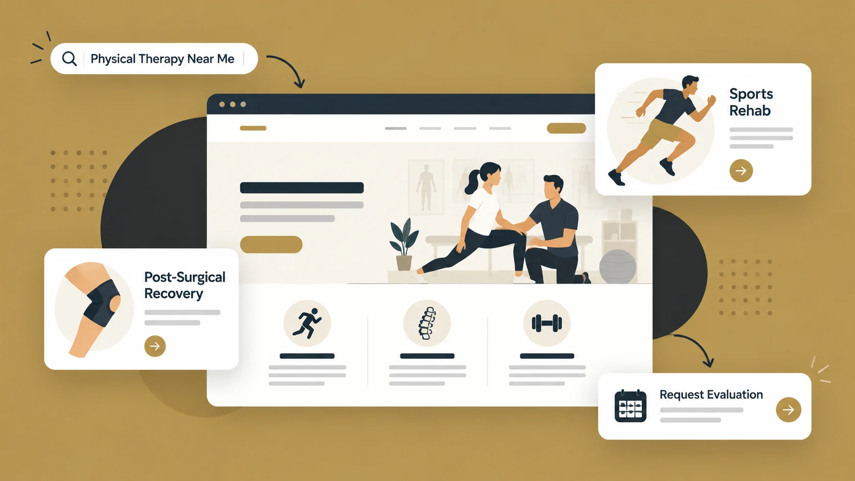 Illustrative physical-therapy clinic website with a therapist and patient, sports rehabilitation and post-surgical recovery cards, and an evaluation-request pathway.
