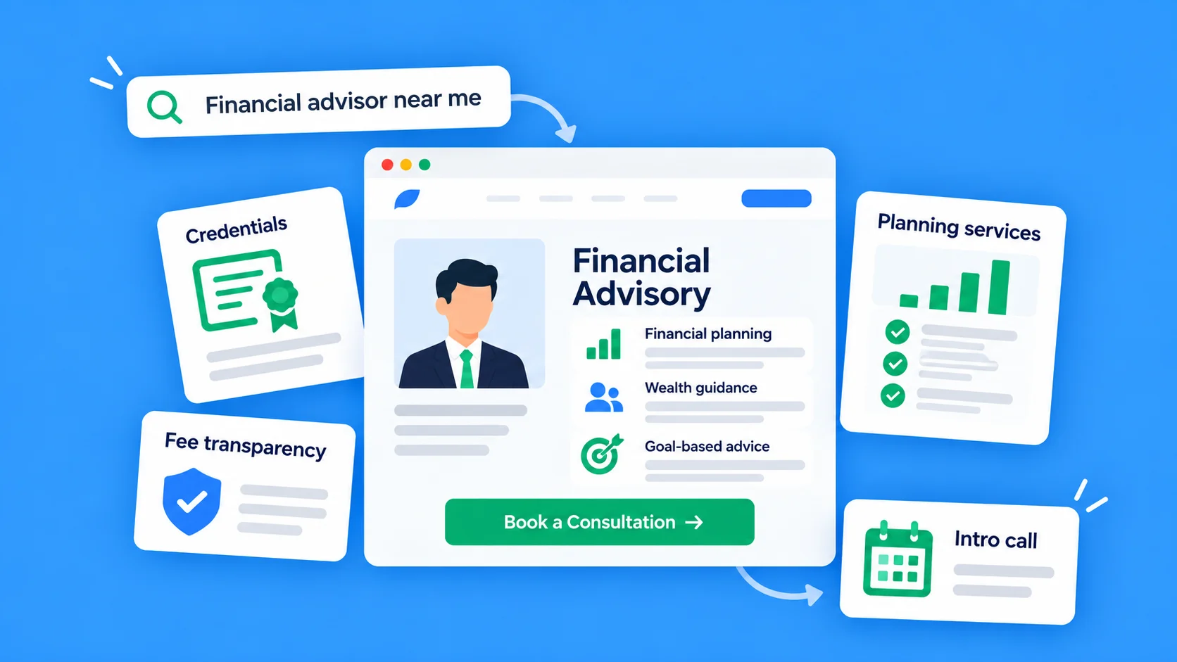 Illustrative financial-advisor website with credential, fee-transparency, planning-services and introductory-call cards against a blue background.