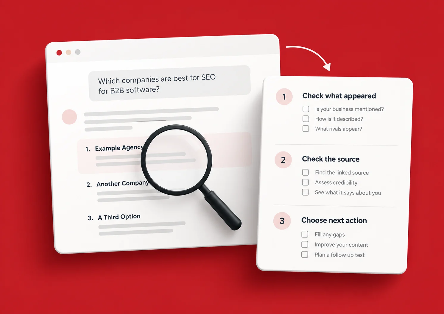 Conceptual illustration of an AI-style business answer beside a checklist for checking what appeared, reviewing a source and choosing a next action.