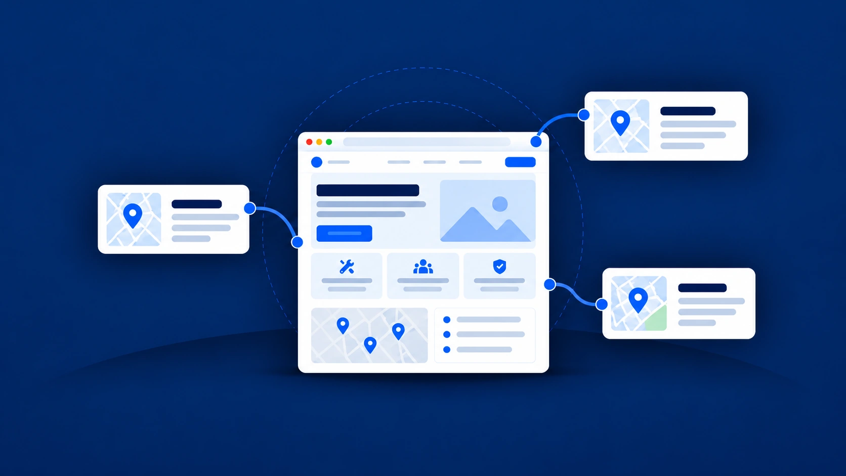 Illustration of a service-business website connected to distinct locations and service-area information.