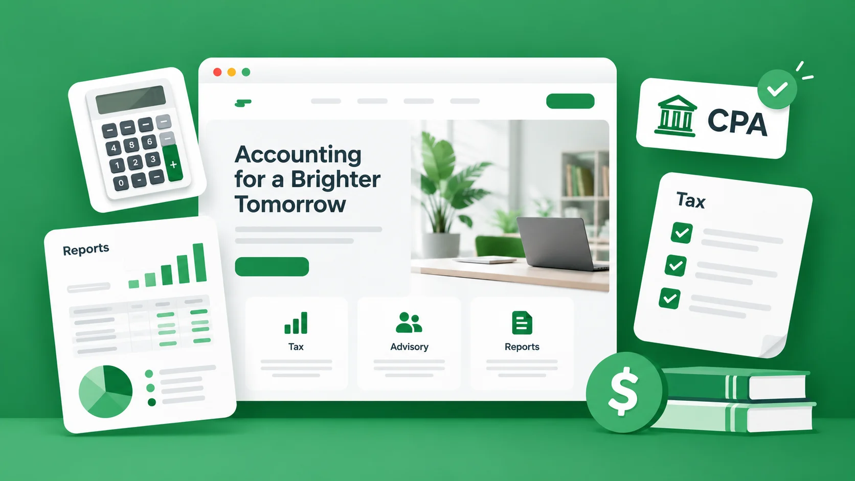 Illustrative accounting website with CPA and tax cards, financial reports, a calculator and books against a green background.