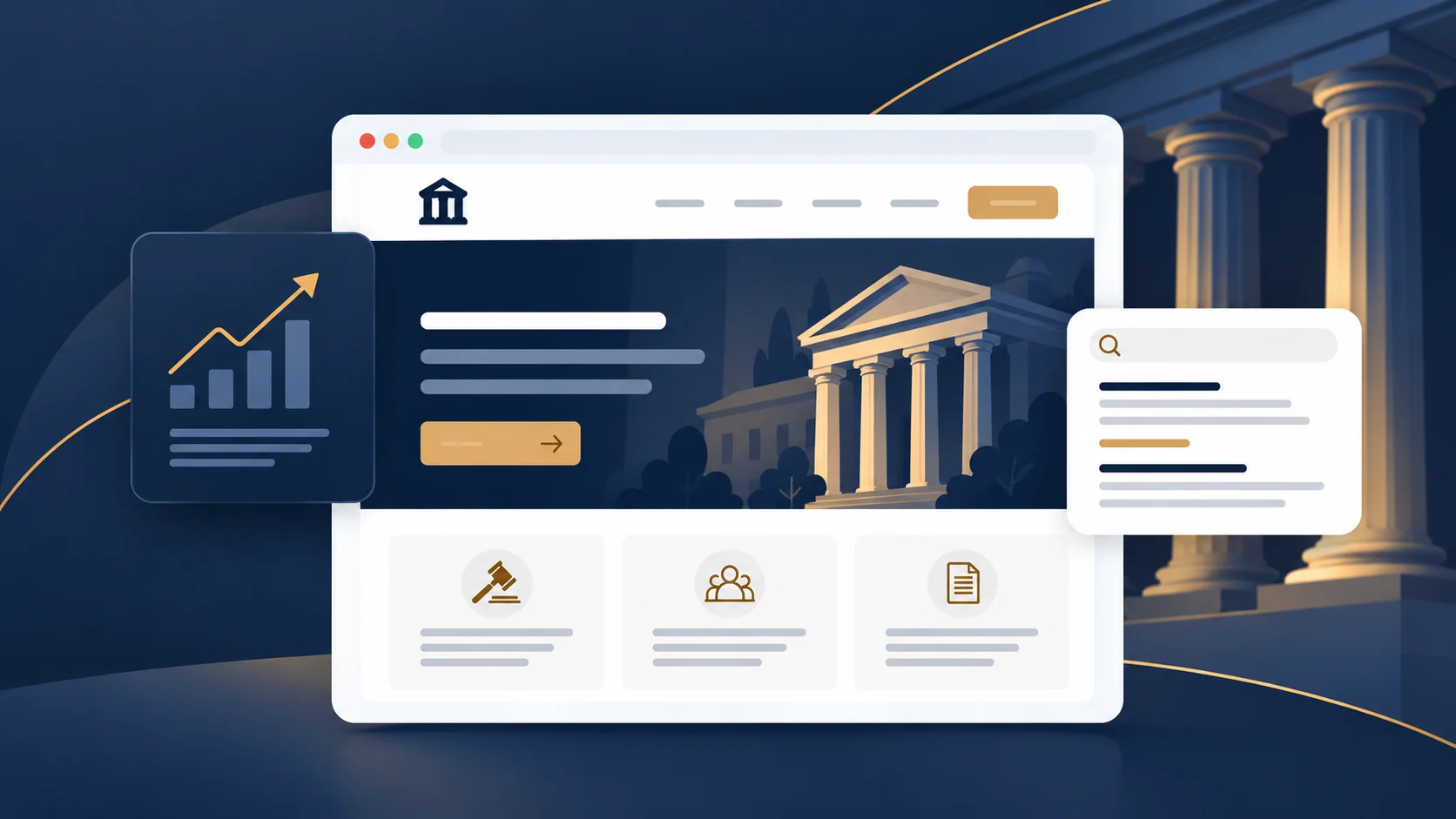 Illustrative law-firm website with a courthouse, practice-area cards, search results and a growth chart on a navy background.