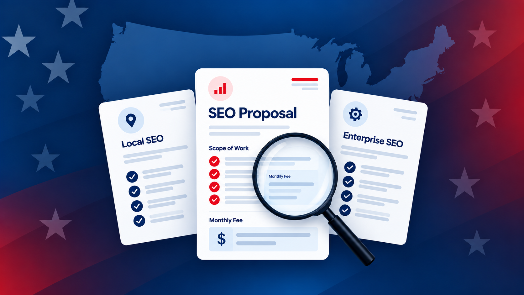 Illustrative SEO proposal cards for local and enterprise SEO, with scope and monthly fee details examined through a magnifying glass against a U.S.-themed background.